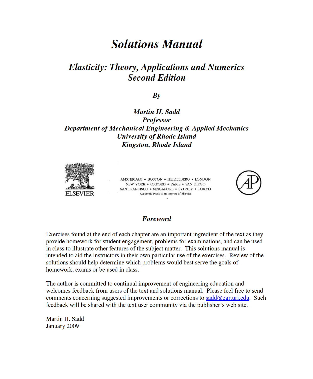 download free Elasticity theory applications and numerics 2nd edition written by Sadd solution manual eBook pdf